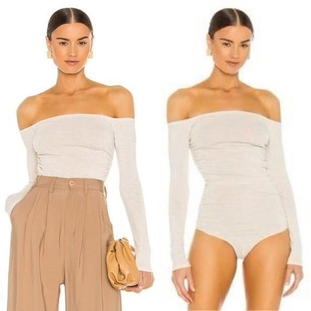 Michael Costello x REVOLVE Jace Off Shoulder Bodysuit in Oatmeal